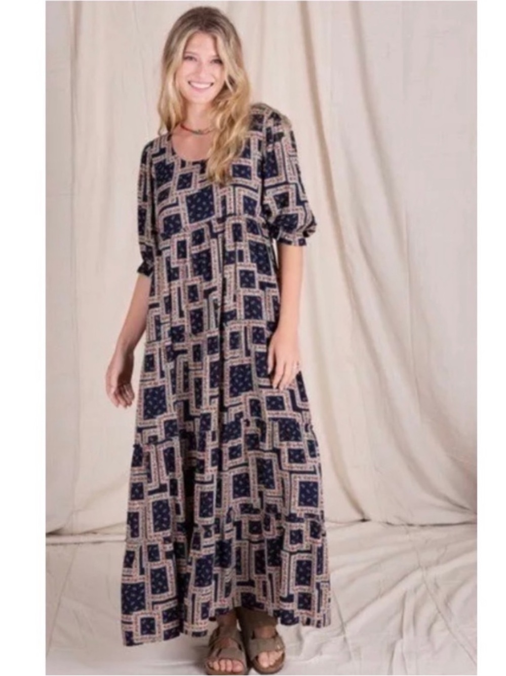 Natural life patchwork prairie dress bohemian midi maxi blue floral fall size M